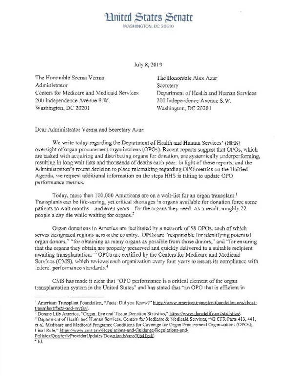 2019 07 08 Letter to CMS HHS re organ procurement organizations