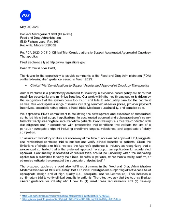 Arnold Ventures Comments on FDA Accelerated Approval Draft Guidance