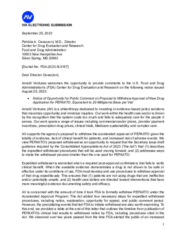 AV PEPAXTO Withdrawal Comment Letter FINAL