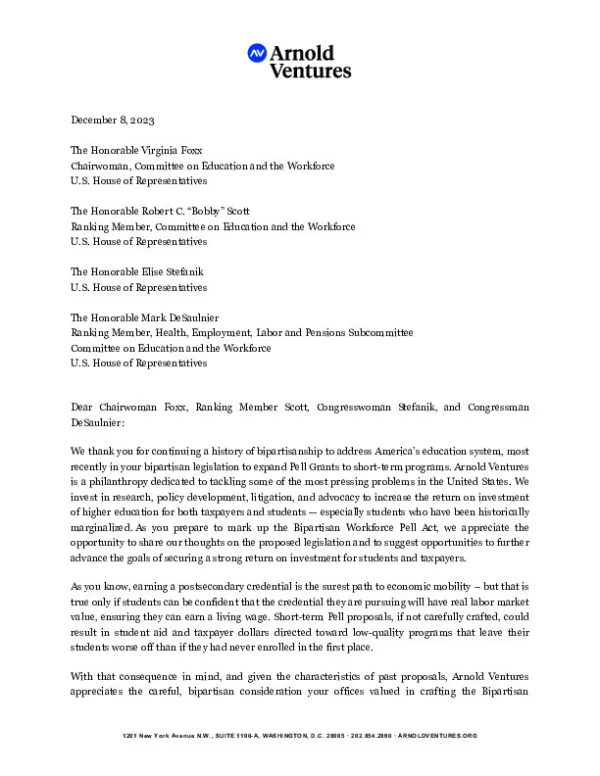 AV Bipartisan Workforce Pell Act Letter to Hill 12 8 23