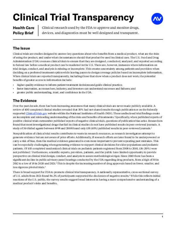 Arnold Ventures Health Care Clinical Trial Transparency Policy Brief