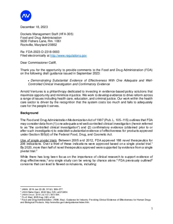 Arnold Ventures Comments on FDA Substantial Evidence Guidance FINAL