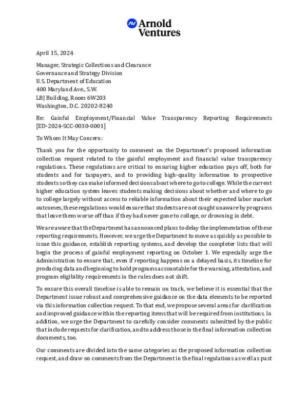 Arnold Ventures Comment on GE FVT ICR 4 15 24