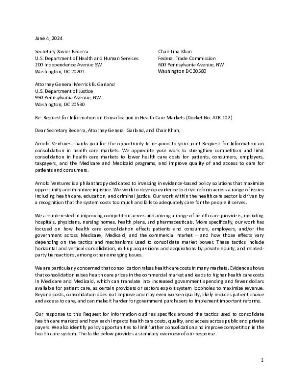 Arnold Ventures FTC DOJ HHS RFI June 2024 Final