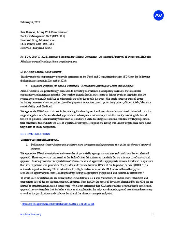 AV Comment Letter Accelerated Approval of Drugs and Biologics