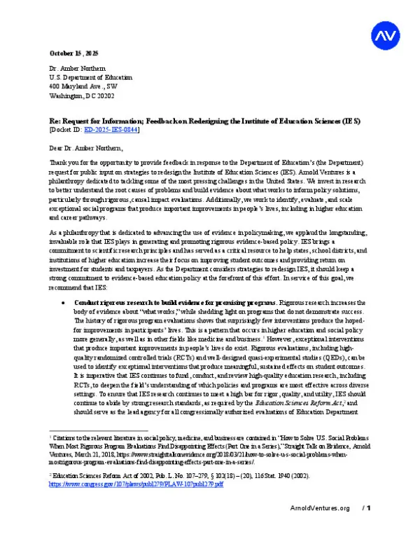 Comment Letter on U.S. Department of Education Request for Information | Feedback on Redesigning the Institute of Education Sciences (IES)