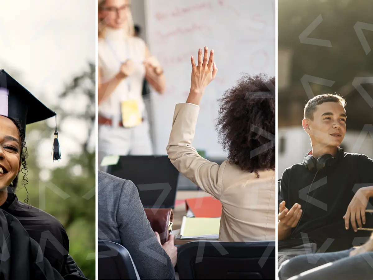 Smiling graduates embrace joyfully, while a participant raises their hand in a meeting, and two boys engage in conversation outdoors.