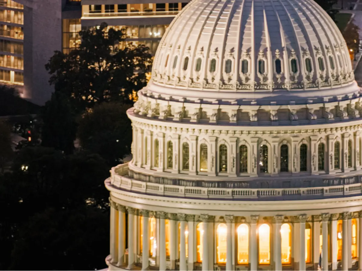 The illuminated dome of The Capitol budiling, surrounded by darkened trees under a night sky.