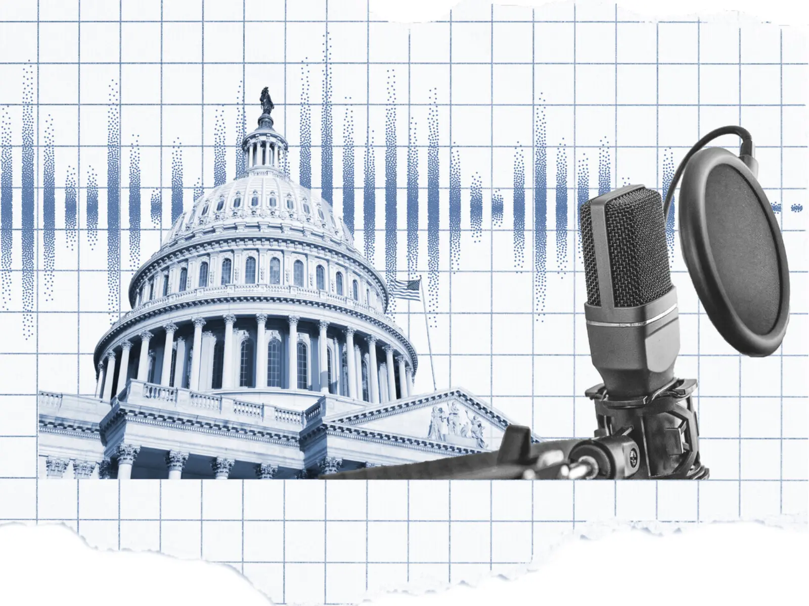 The U.S. Capitol with microphone and sound waves.