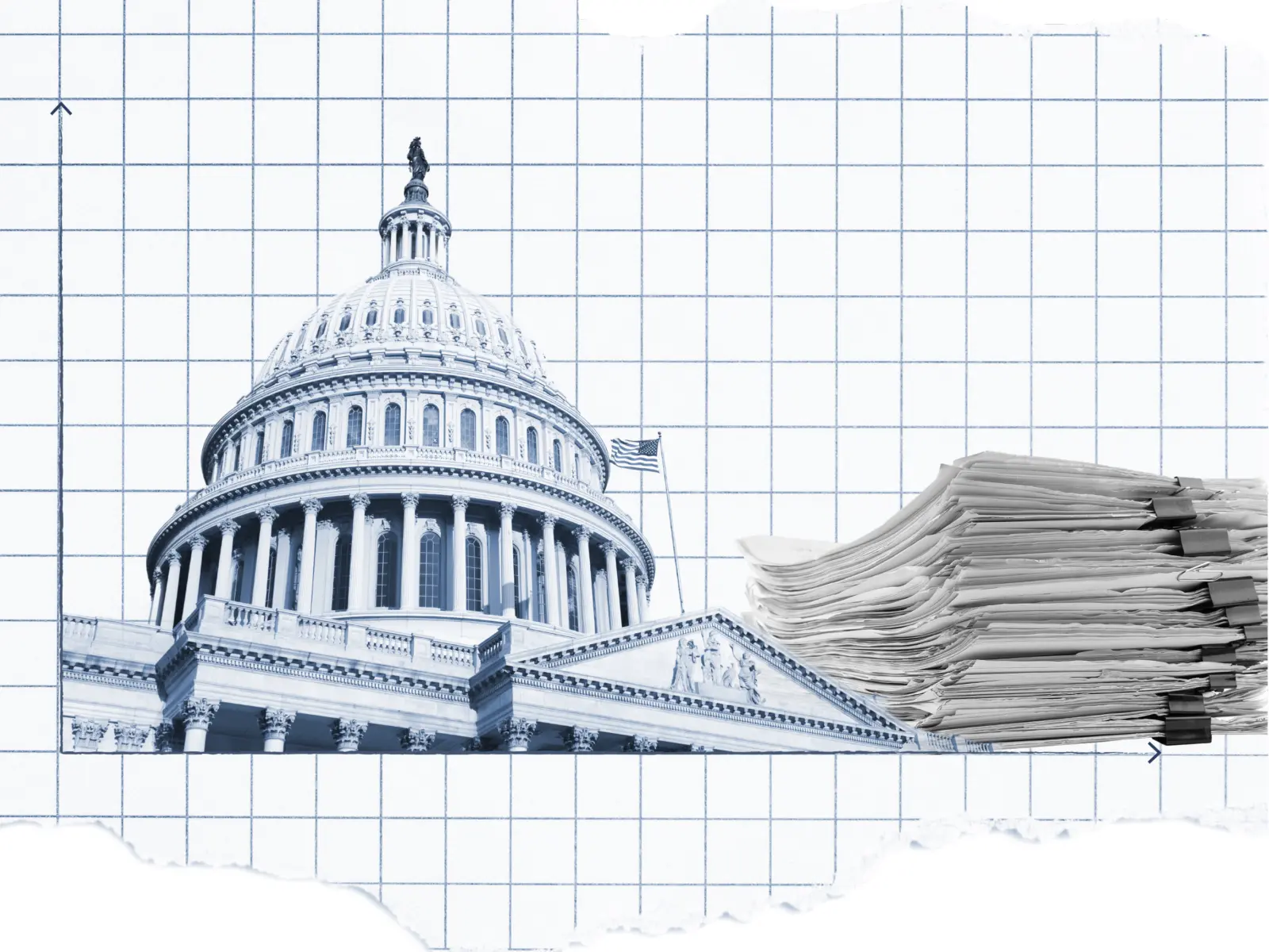 The U.S. Capitol building towers alongside a stack of documents, set against a grid-patterned background, symbolizing governance and bureaucracy.