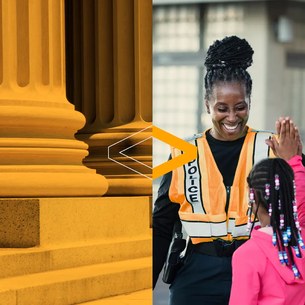 A segmented image features a classical column on the left and a smiling police officer high-fiving a child on the right.