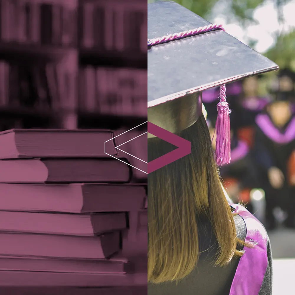 A split image shows stacked books on the left and a graduate in a cap and gown on the right, symbolizing education and achievement.