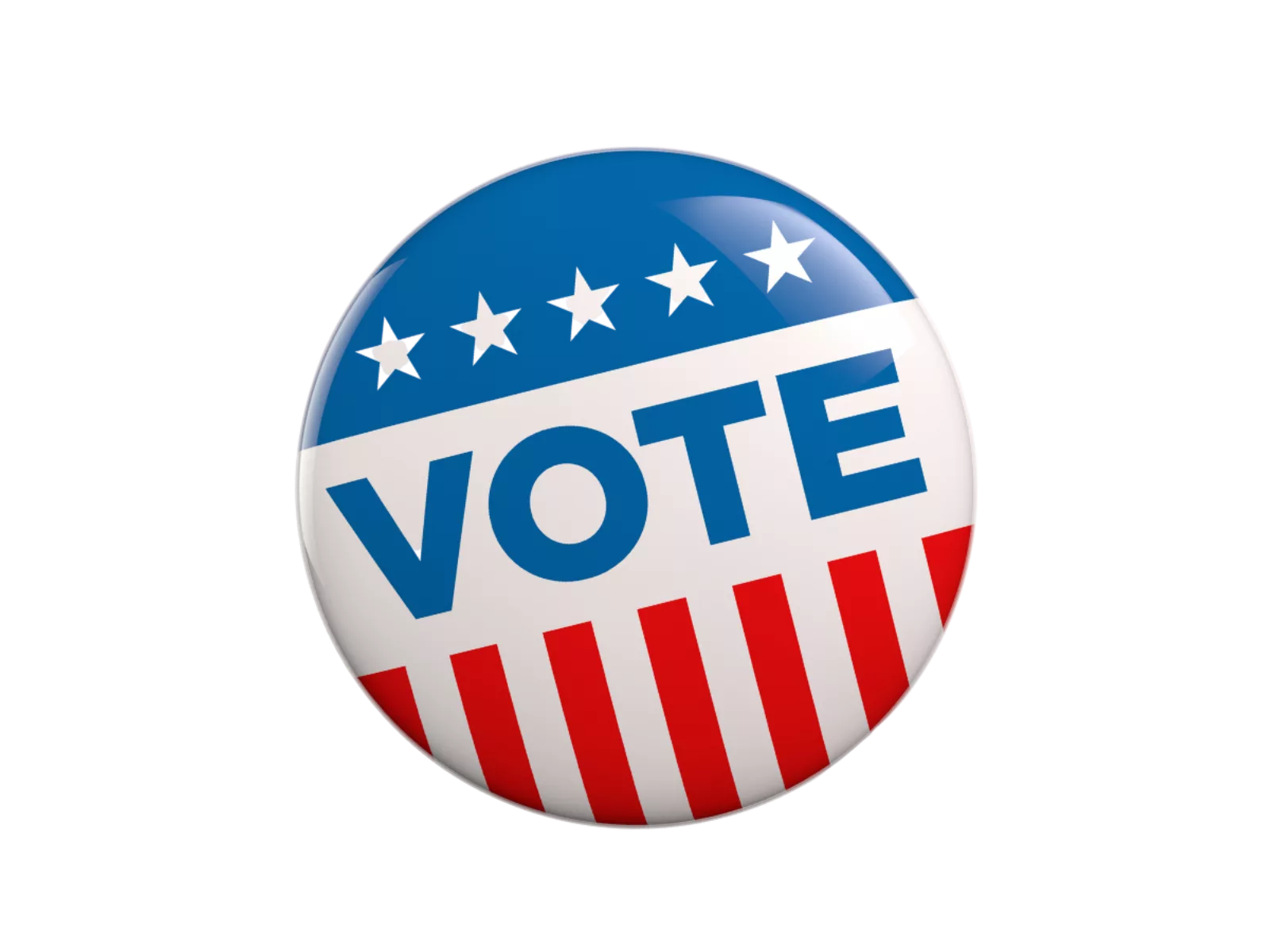 A circular button featuring bold blue text that reads "VOTE," with red and white stripes and five white stars above.
