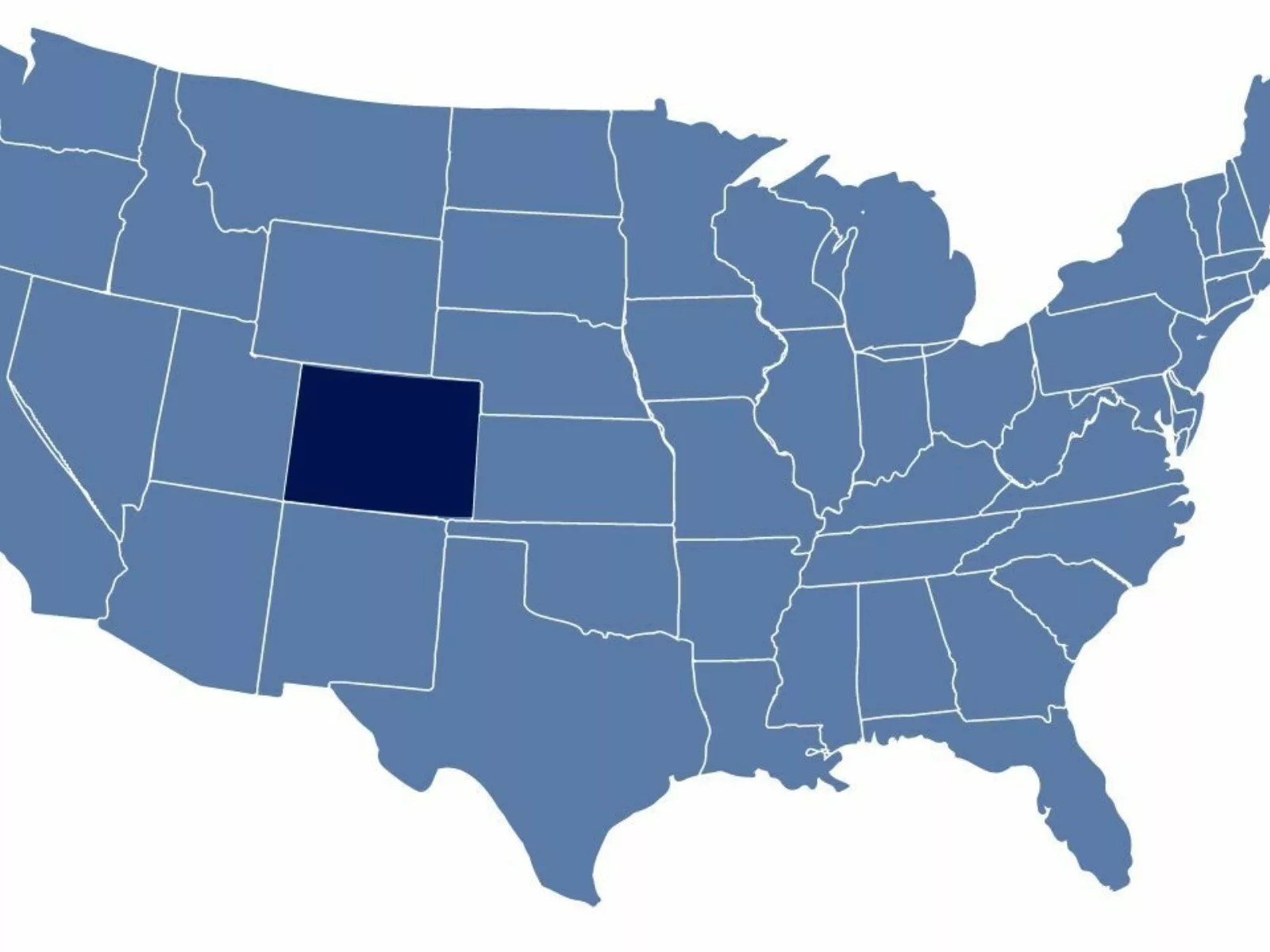A map of the contiguous United States highlights Colorado in dark blue, showcasing its geographic position among neighboring states.