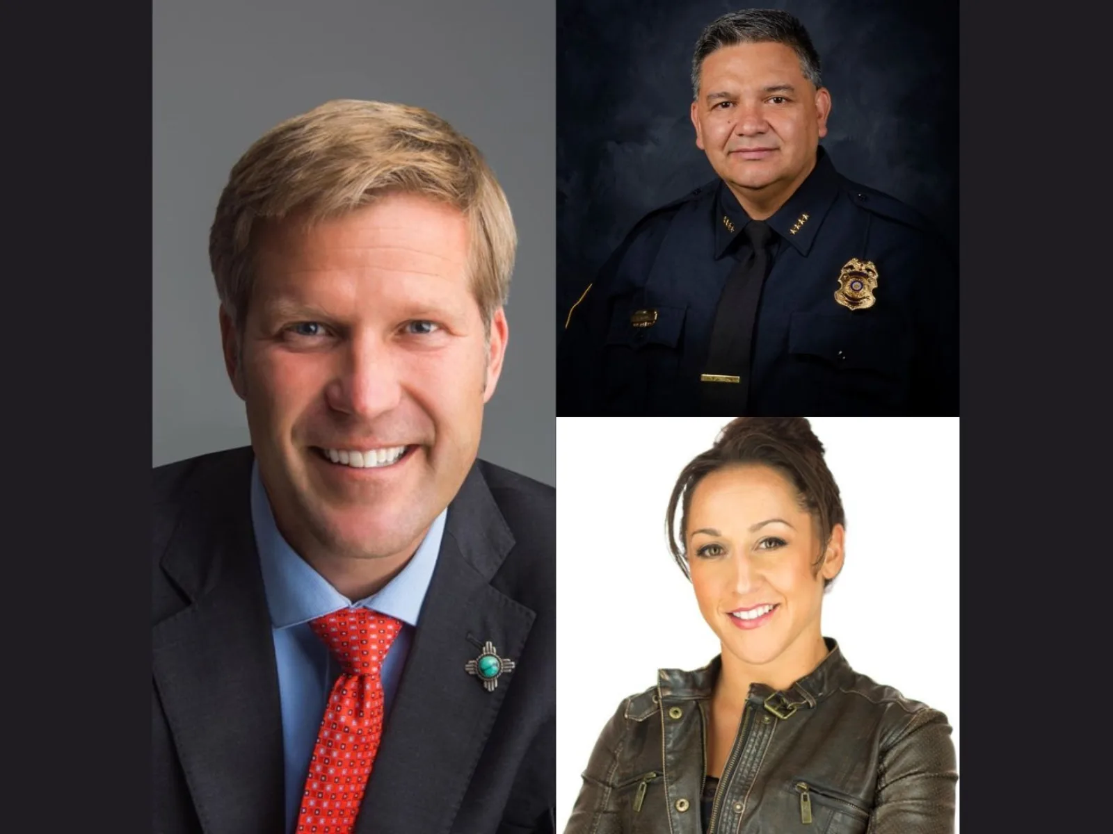 Three portraits: a smiling man in a suit, a police officer in uniform, and a woman in a leather jacket, all presented in a collage format.