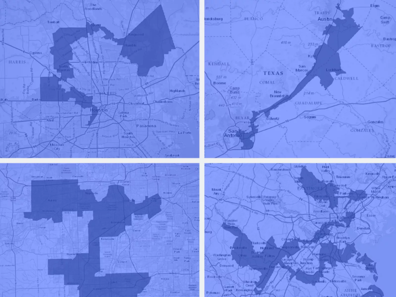 Four maps of Texas and Maryland are displayed in a grid, highlighting various shaded areas against a blue background.