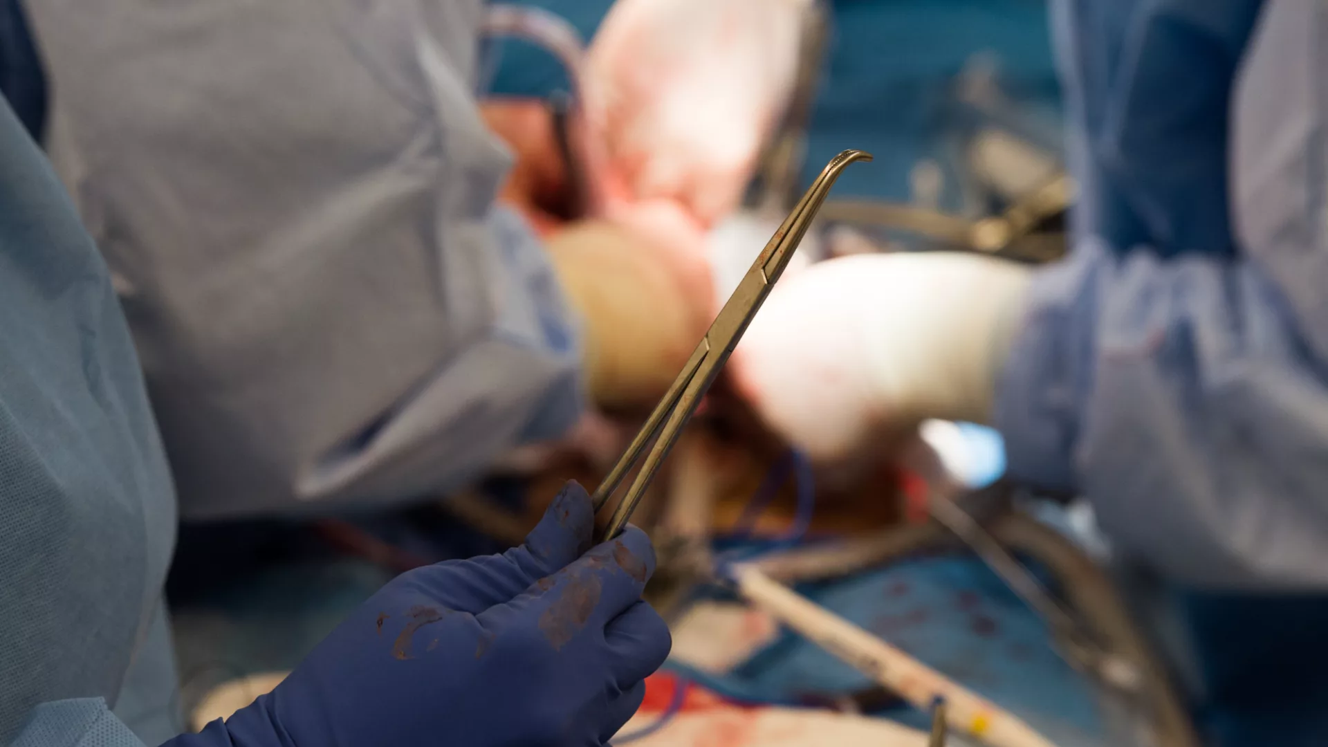 Hands in blue surgical gloves hold a surgical instrument, surrounded by various tools and a blurred surgical field in the background.